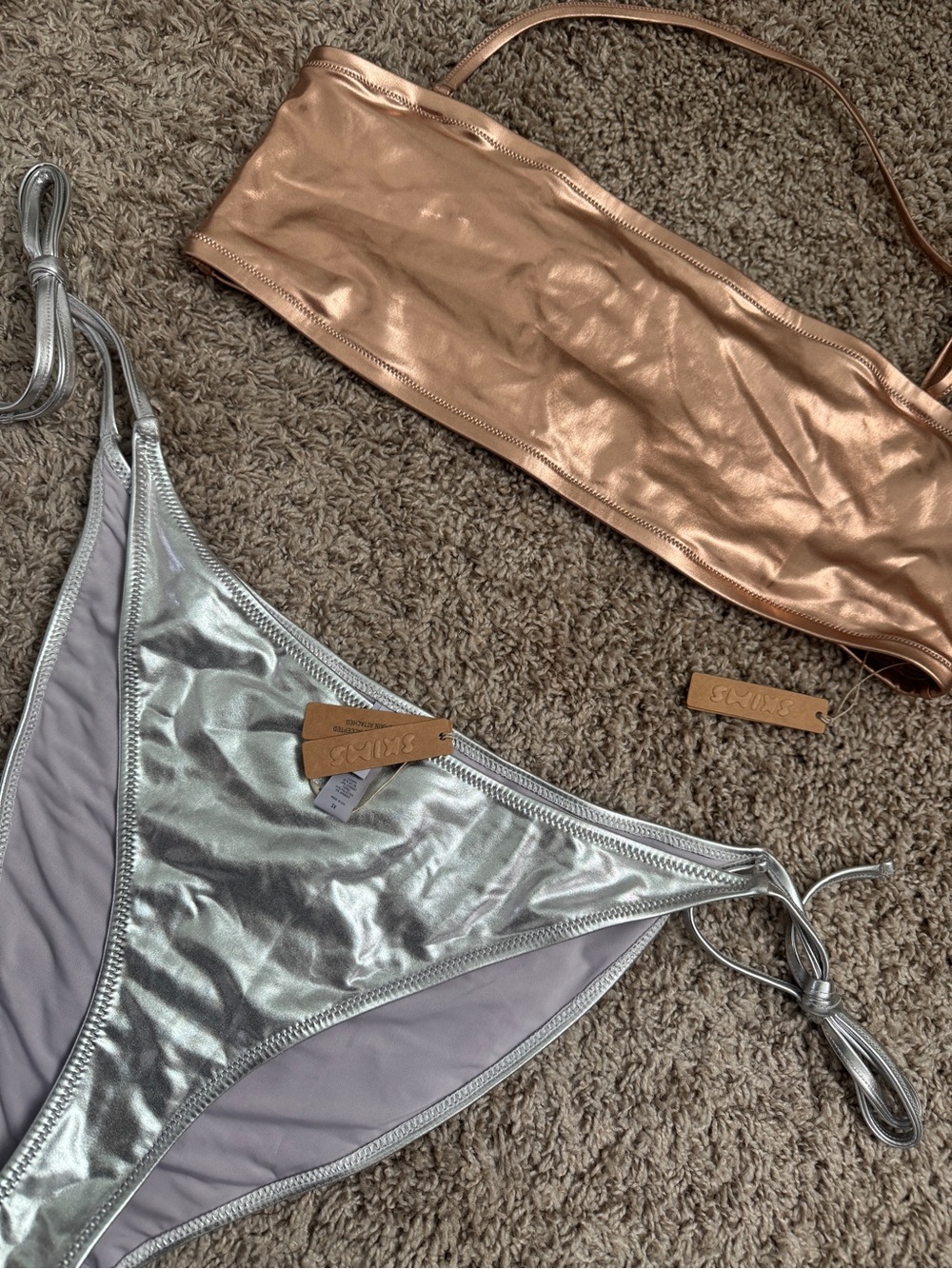 SKIMS Metallic Rose Gold Bandeau & Silver Tie-Side Bikini Set